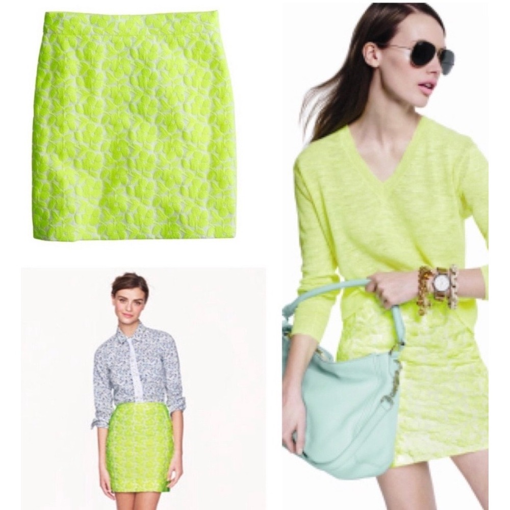 J.Crew Neon Yellow Floral Embroidered Mini Skirt A6429 Chartreuse Size 0